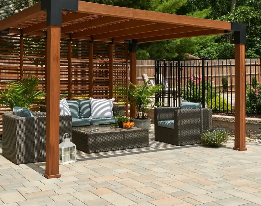 Cedar pavilion over a paver patio with outdoor seating